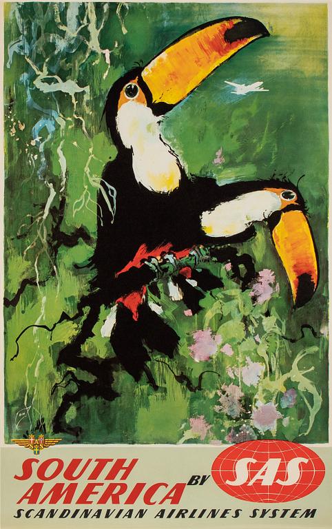 Otto Nielsen, an 'South America' vintage poster, SAS Scandinavian Airlines System, circa 1960.