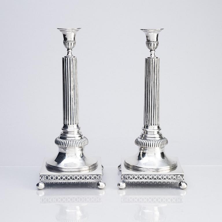A pair of Swedish 18th century Gustavian silver candlesticks, mark of Arvid Floberg, Stockholm 1798.