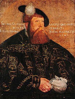 Johan Gustaf Sandberg, Gustav Vasa stående i en slottsinteriör intill ett draperat bord vilandes ena handen på Vasabibeln.