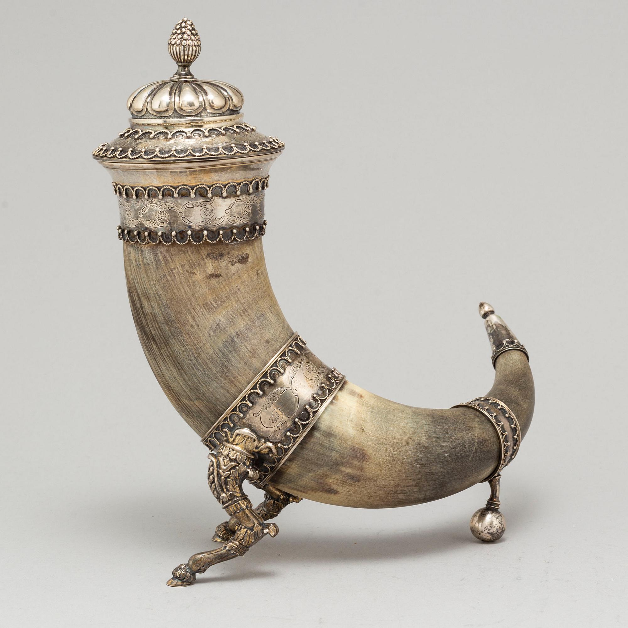 SAMUEL PETTERSSON, a silver and horn drinking horn, Linköping Sweden 1895.