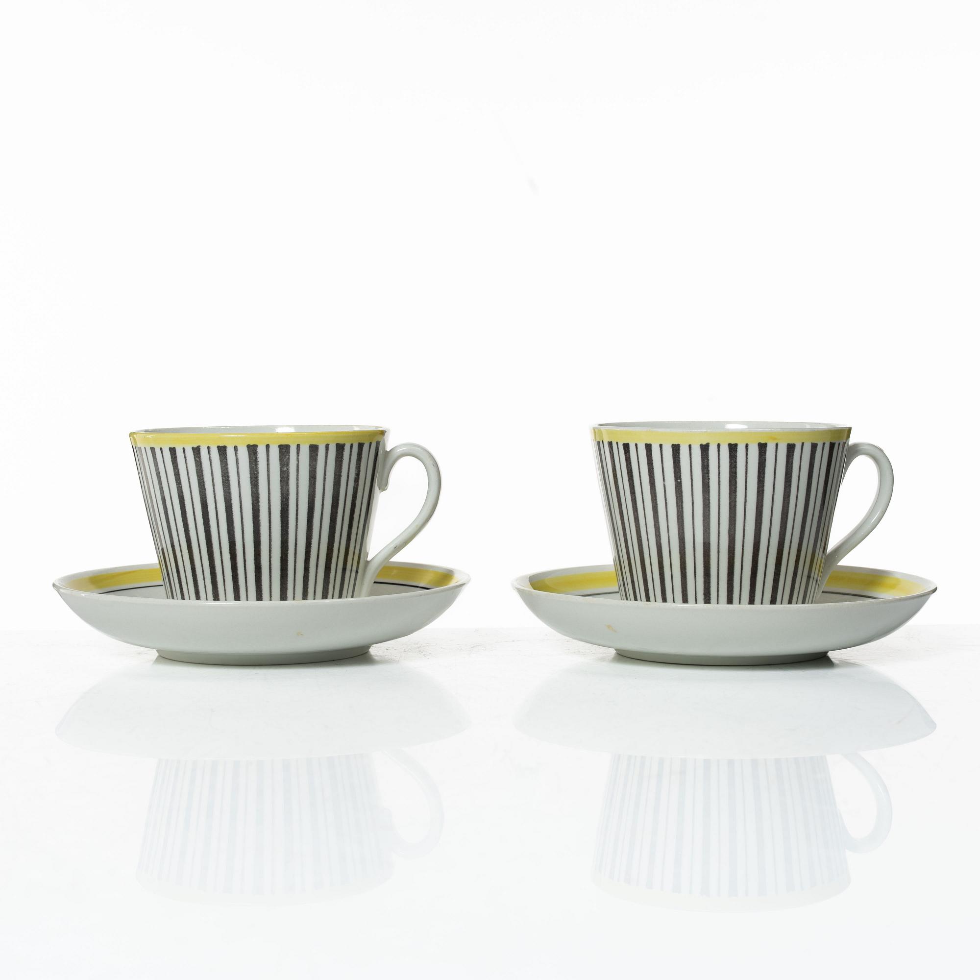 Helmer Ringström, tekoppar med fat, 4 st, flintgods, "Vera", Upsala-Ekeby Gefle.