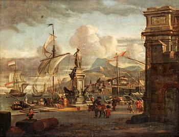 326. Abraham Storck Circle of, Scene at the harbour with oriental merchants.