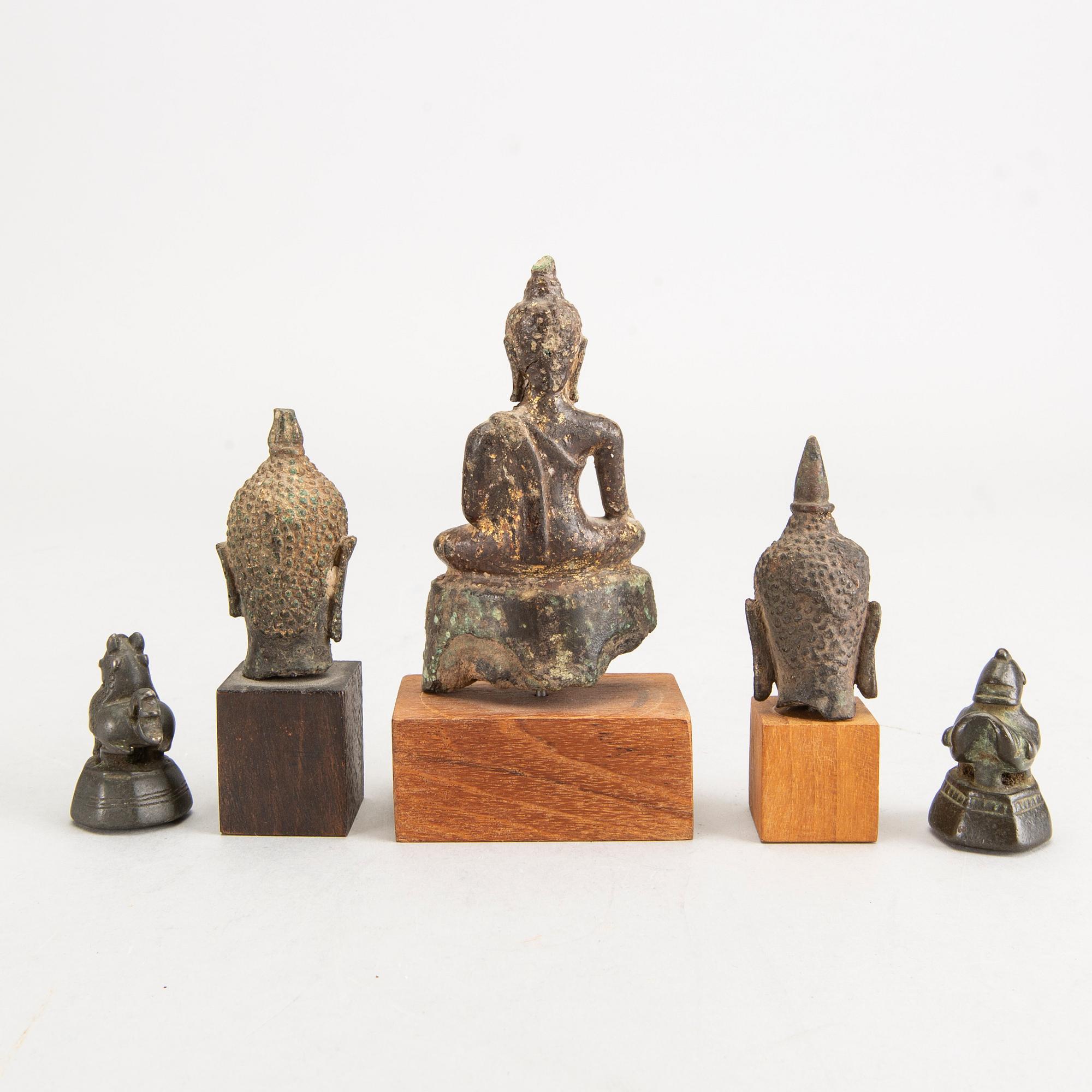 A set of three divinities and two opium weights Thailand/Burma 18th/19th century bronze.