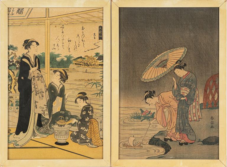 Two Japanses woodblock prints, Suzuki Harunobu, after, and Hosoda Eishi, after.