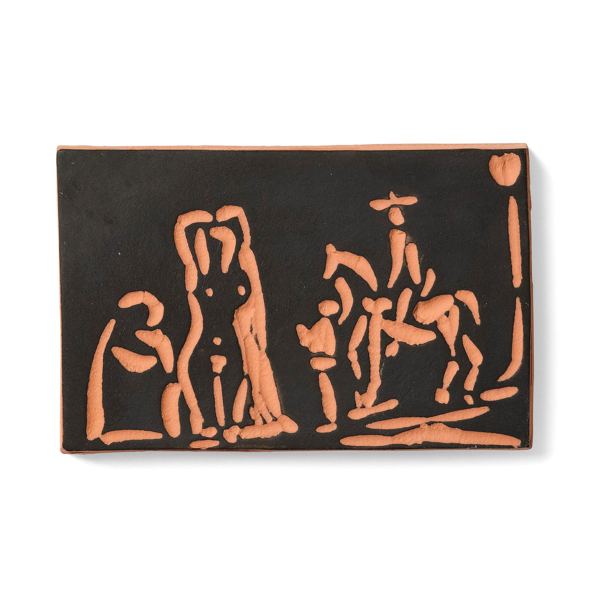 Pablo Picasso, a "Personnages et cavalier" (A.R. 540) terracotta plaque, Madoura, Vallauris, France, post 1968.
