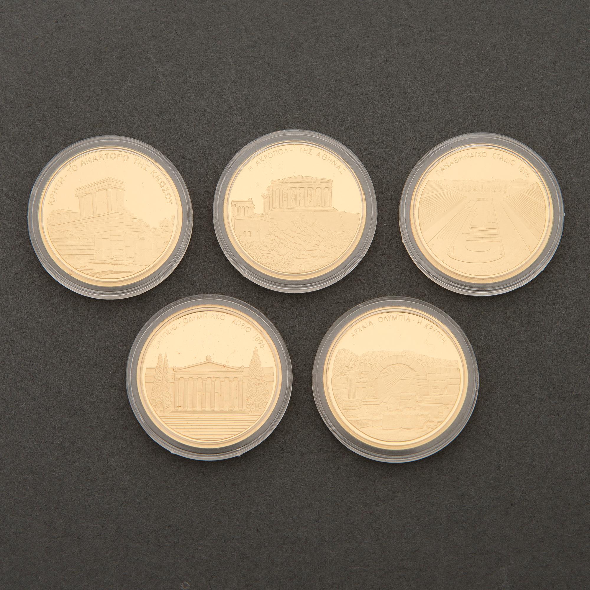 Five Athens 2004 Olympic games commemorative gold coins.