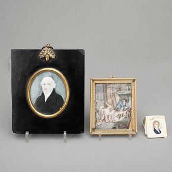 MINIATYRER, 3 stycken, gouache på ben, 1800-tal.