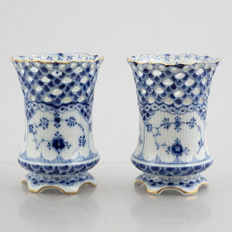 A group of three 'Blue fluted full lace' / 'Musselmalet' dishes and a pair of vases, Royal Copenhagen, 20th century.