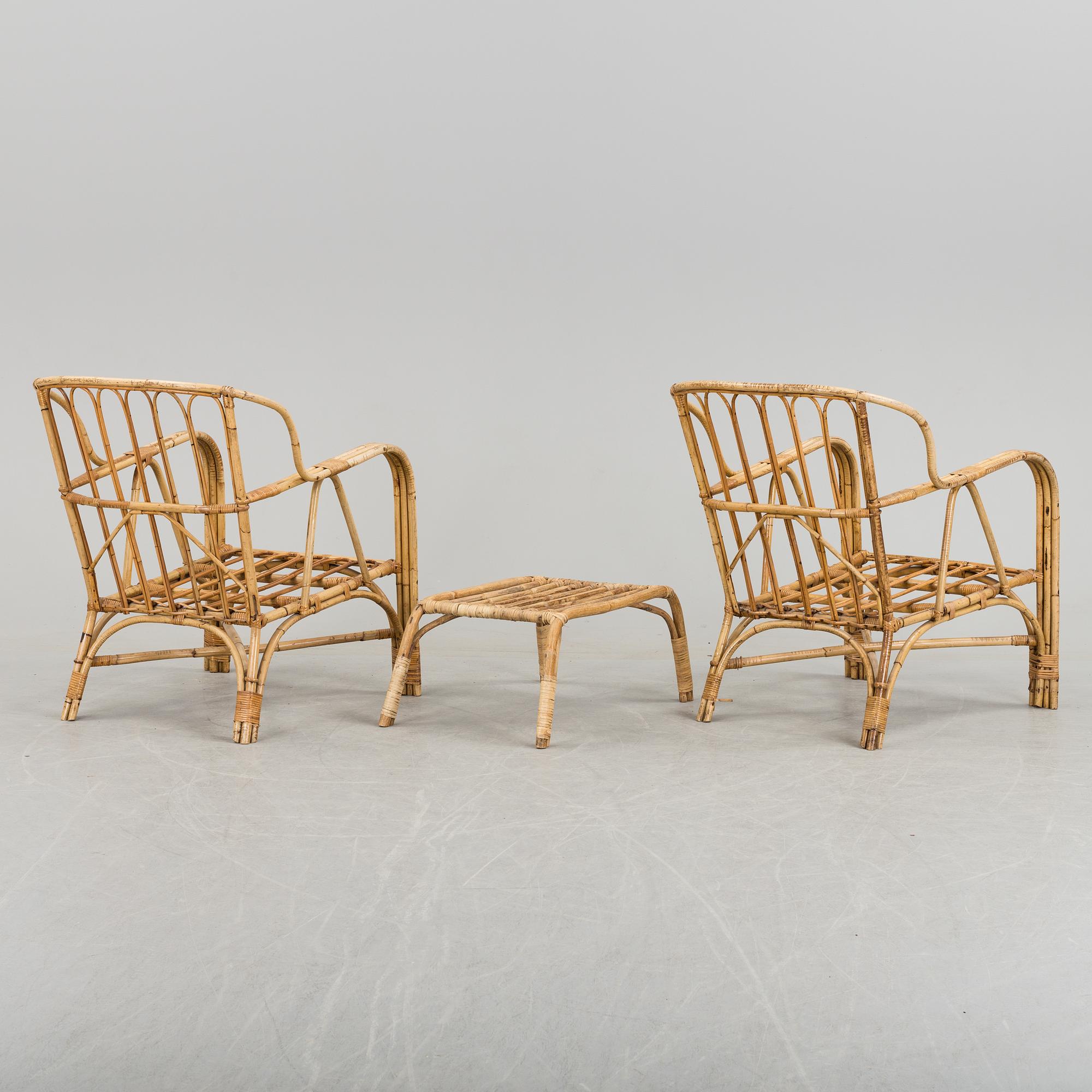 A pair of Garden Armchairs with one stool, mid 20th century.