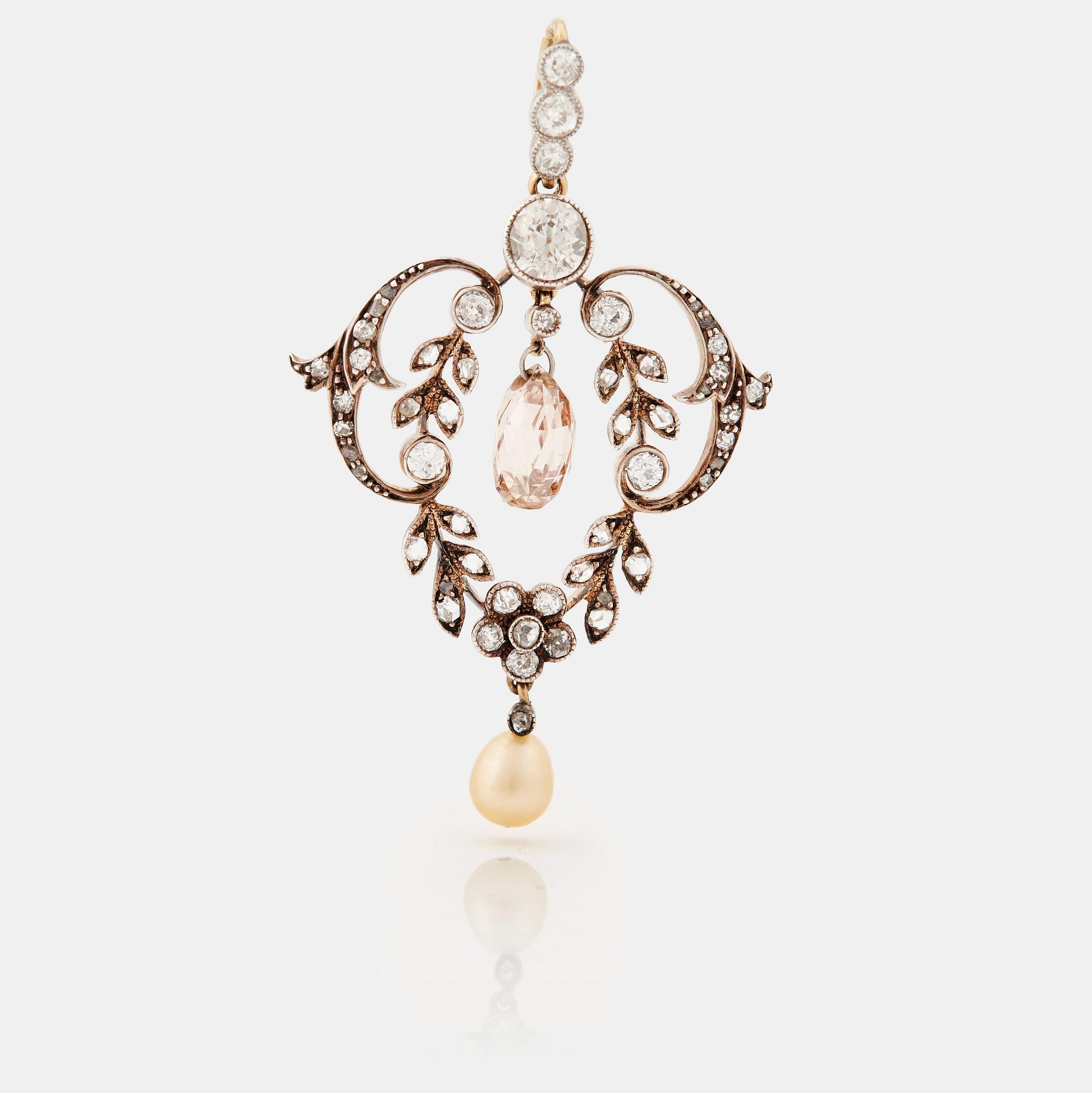 A natural pearl, old-, rose-and briolette cut diamond pendant. Early 20th cent.
