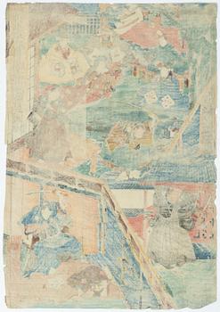 Träsnitt, fyra stycken, Japan, bland annat Ogata Gekko och Utagawa Kunisada.