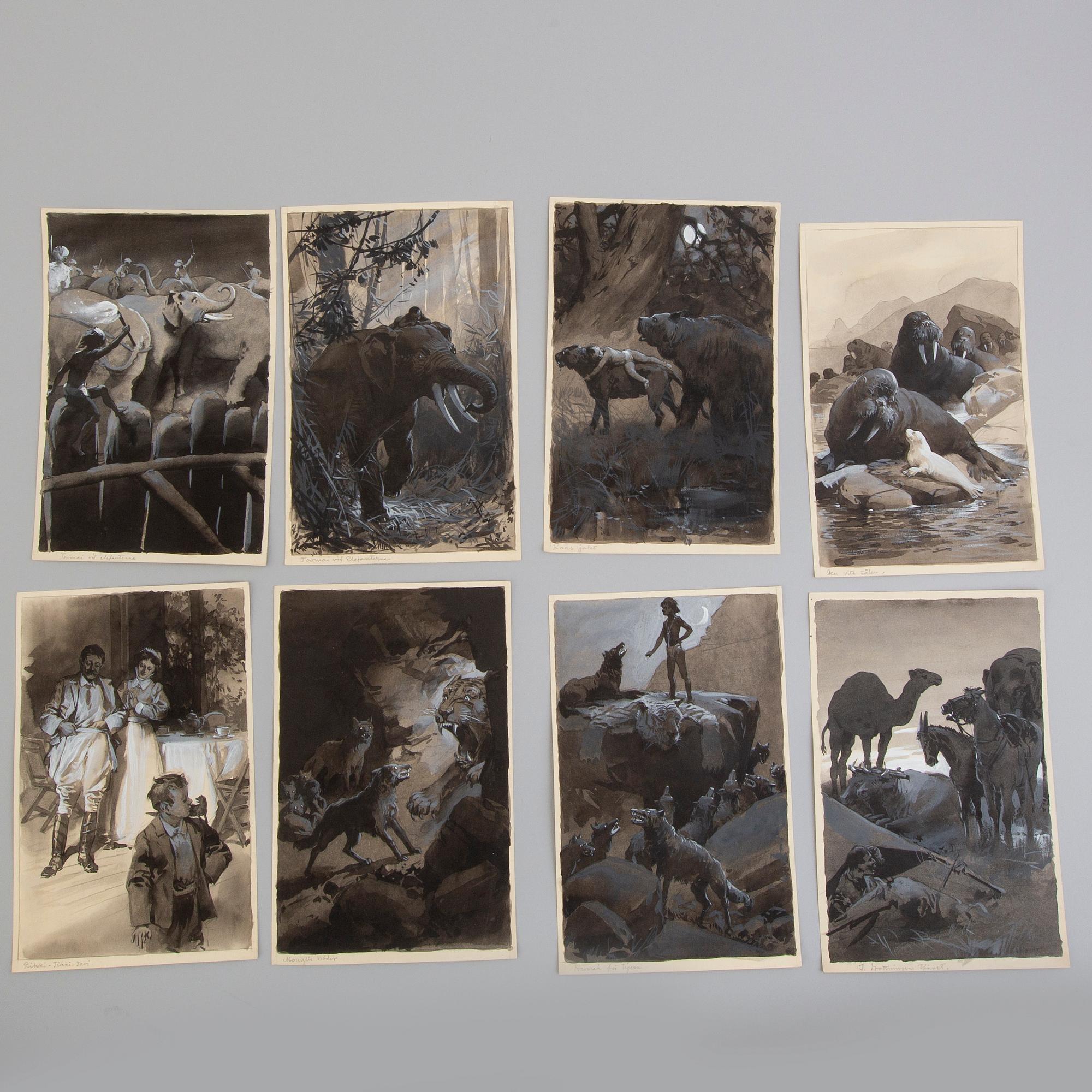 DAVID LJUNGDAHL, eight original ink illustrations from the 1915 edition of 'The Jungle Book' in Swedish.