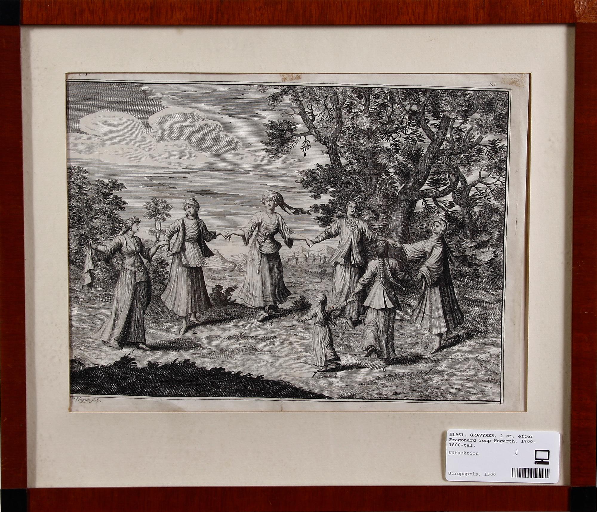 GRAVYRER, 2 st, efter Fragonard resp Hogarth, 1700-1800-tal.