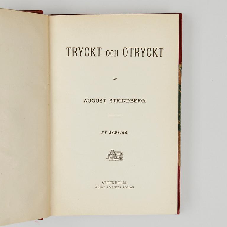 BOK, 3+1 vol, "Tryckt och otryckt" I-III resp "Tryckt och otryckt, ny samling", av August Strindberg, Stockholm 1890-91 resp 1897.