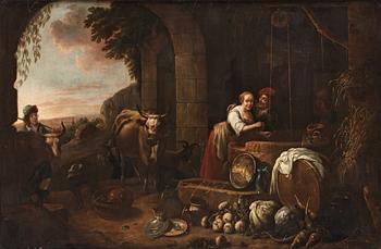 458. David Ryckaert d.y Follower of, Figures and livestock by a well.