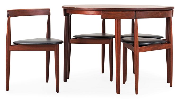 A Hans Olsen teak dining table with four chairs, Frem Røjle, Denmark 1950's.