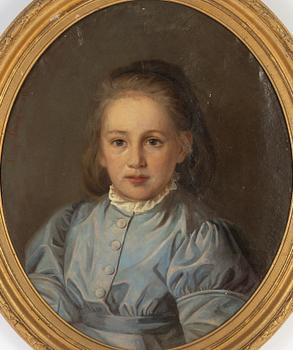 Porträtt av Lilly Nobel som flicka i blå klänning, olja på duk, signerat Lilly Lenngren och daterat 1875.