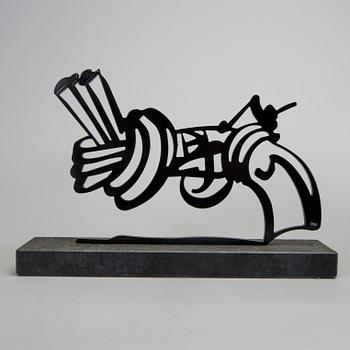 CARL FREDRIK REUTERSWÄRD, culpture, black painted steel on base of stone, signed CFR and numbered 2/50.