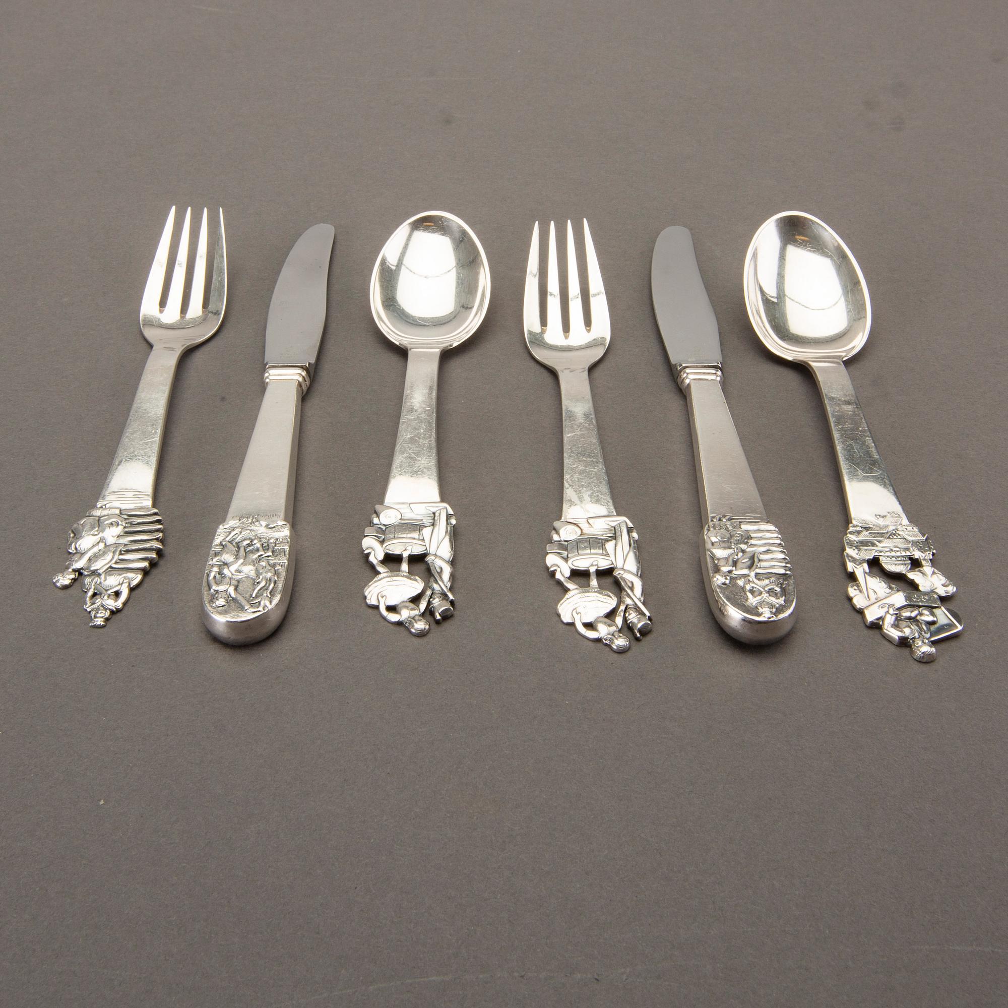 CUTLERY, 33 pcs, silver, H C Andersen motifs, Denmark mid 20th century, 631g.