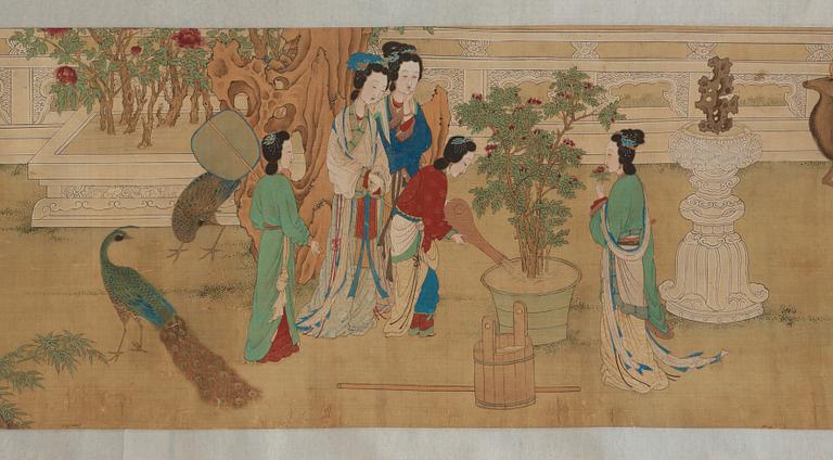 A fine painting of 100 ladies and attendants in a palace garden, and with calligraphy, late Qing dynasty (1644-1912).