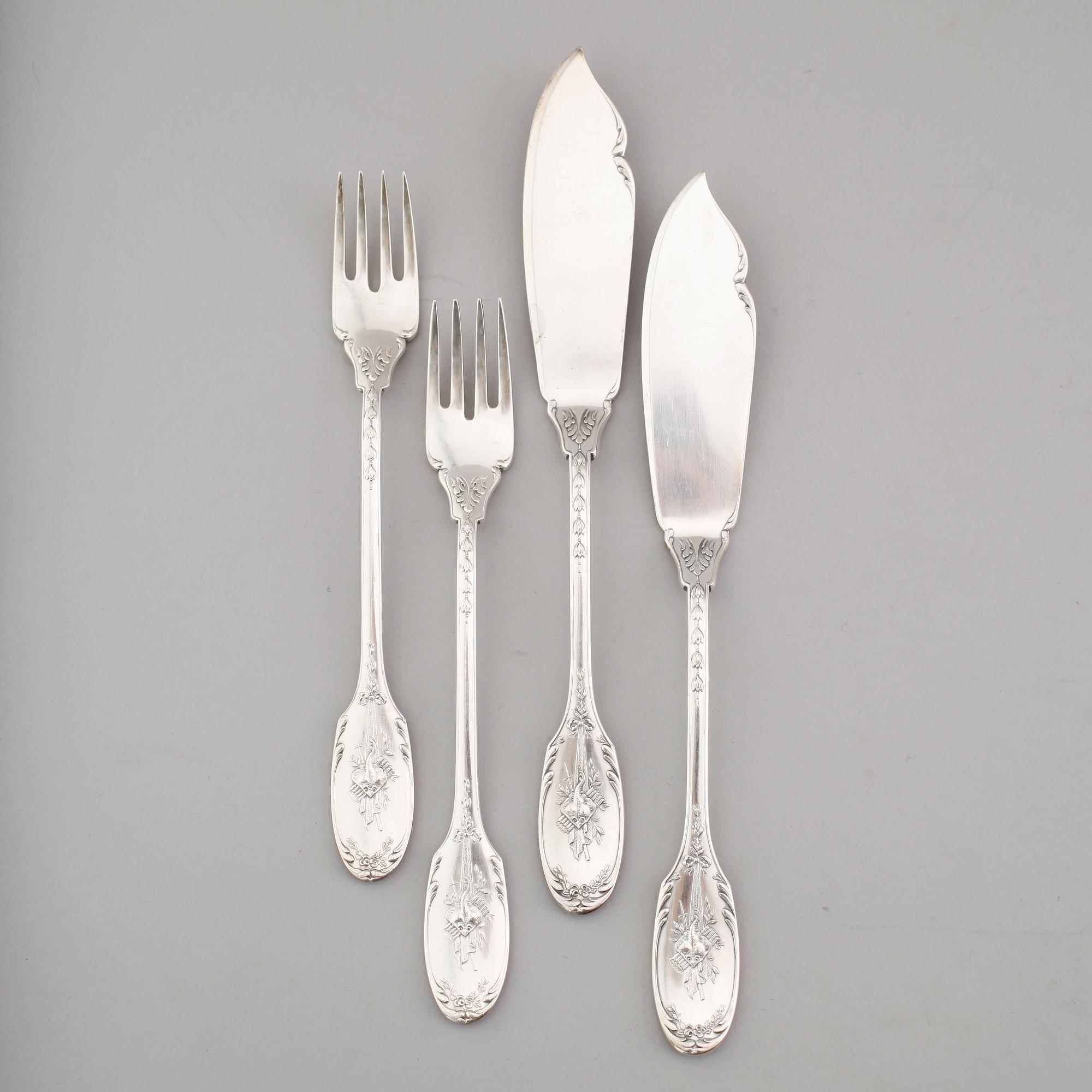 FISKBESTICK, 16 delar, silver, WA Bolin, Stockholm 1970-tal. Vikt ca 943 gram.