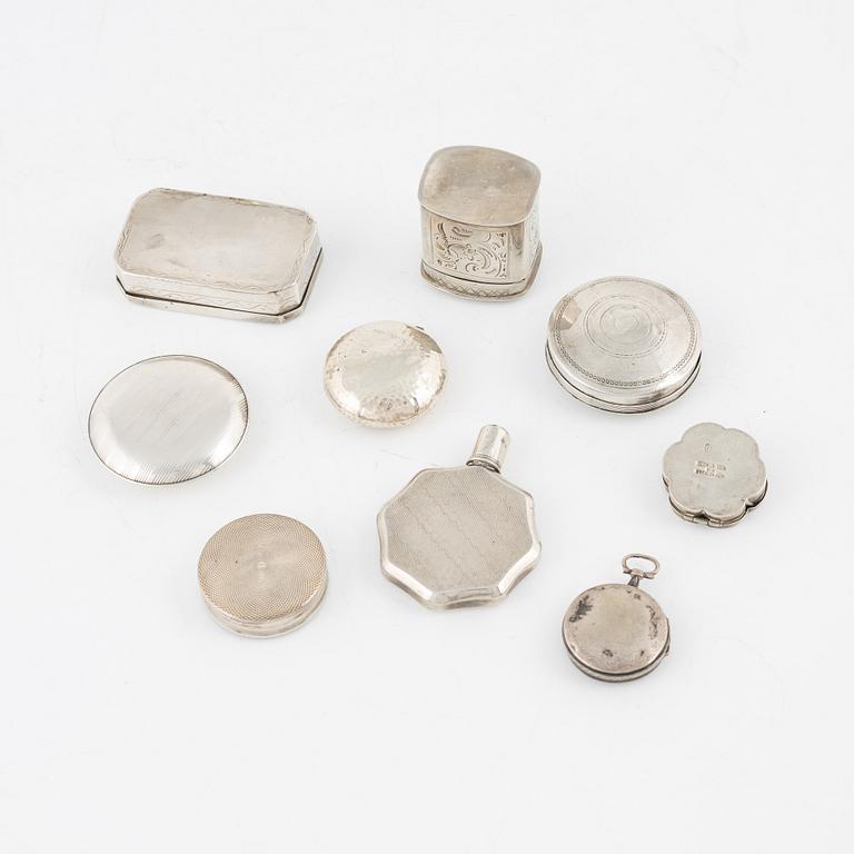 Nine Silver Boxes, 19-20th century.