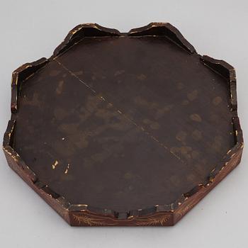 A nine piece enamel on coppar  cabaret in a wooden box, Qing dynasty.