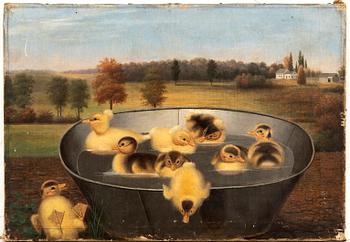 Okänd konstnär 1800-tal , bandande ankungar.