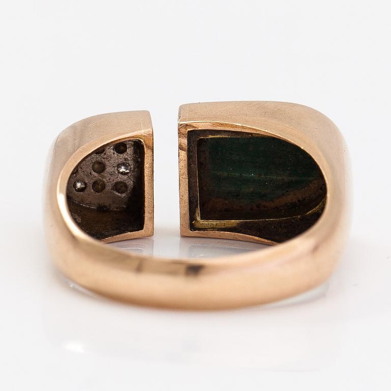 Sormus, 14K kultaa, malakiitti ja timantteja n. 0.04 ct yht.