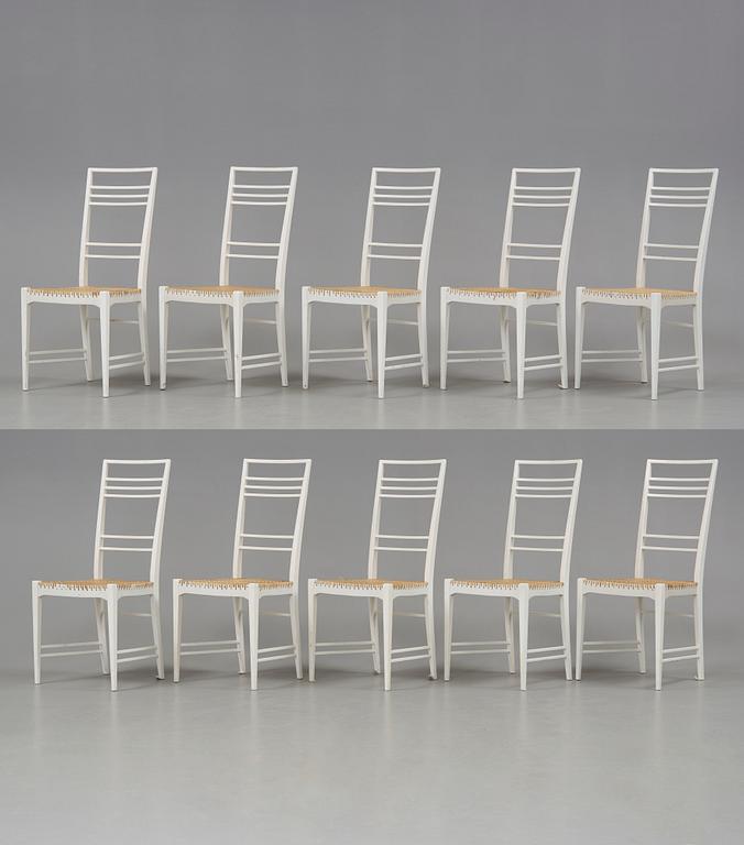 A set of 10 Erik Chambert 'Poem' white lacquered and rattan chairs, Chambert's, Sweden 1950's.