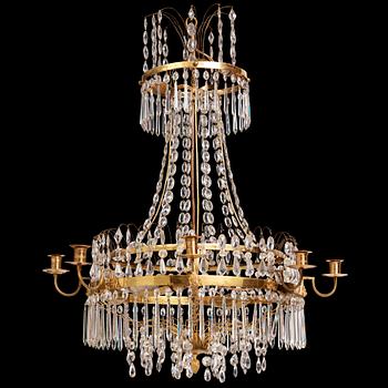 A Gustavian gilt brass and cut glass nine-branch chandelier, Stockholm late 18th century.