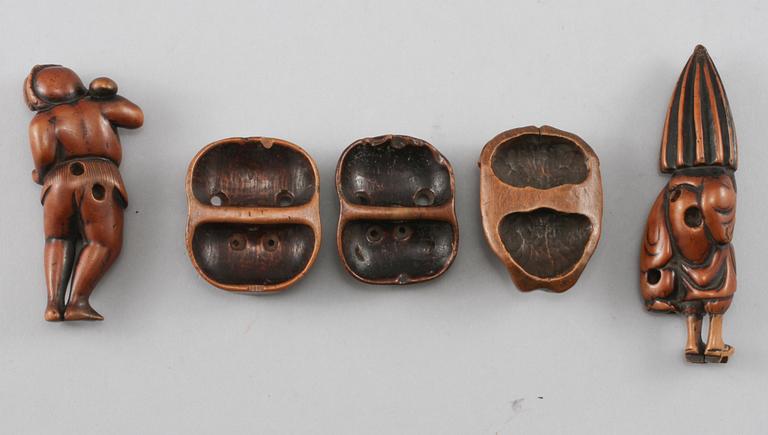 NETSUKES, 5 st, trä, Japan, Meiji (1868-1912).