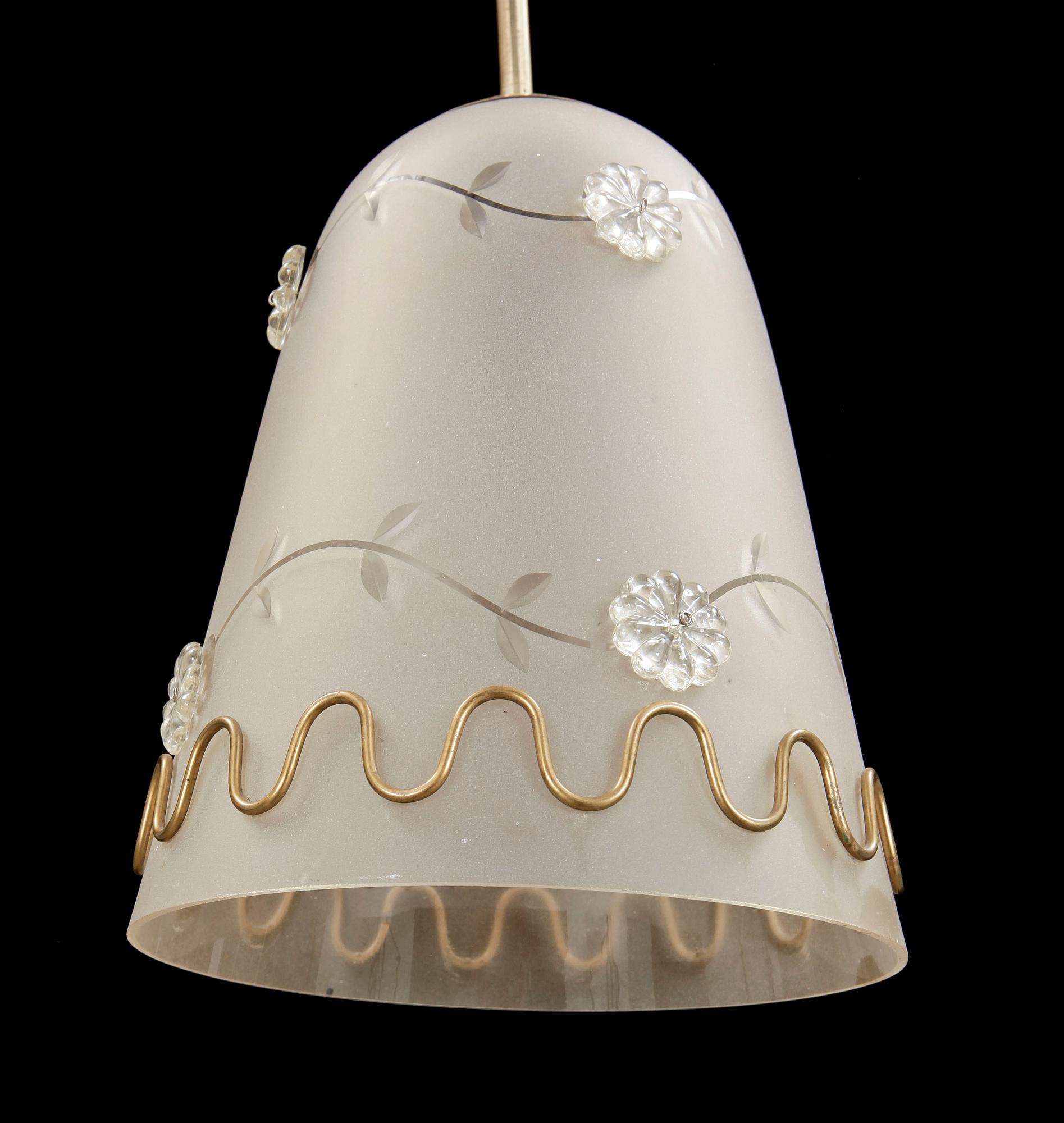 TAKLAMPA, glas och mässing, 1940-tal.