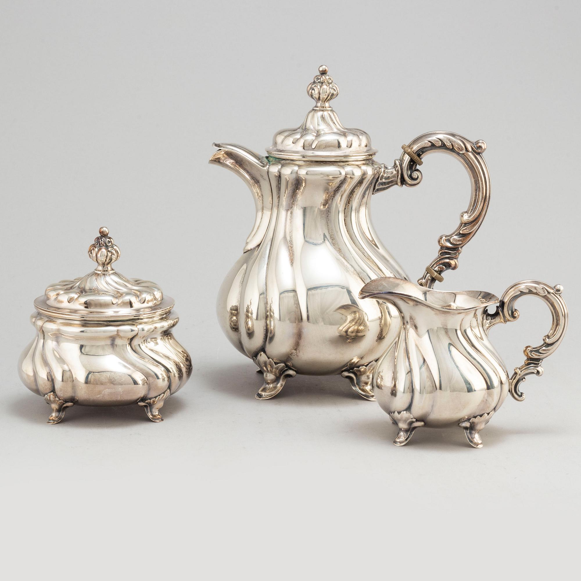 AXEL OHLSSON, kaffeservis, 3 delar, silver, rokokostil, Växjö 1937.