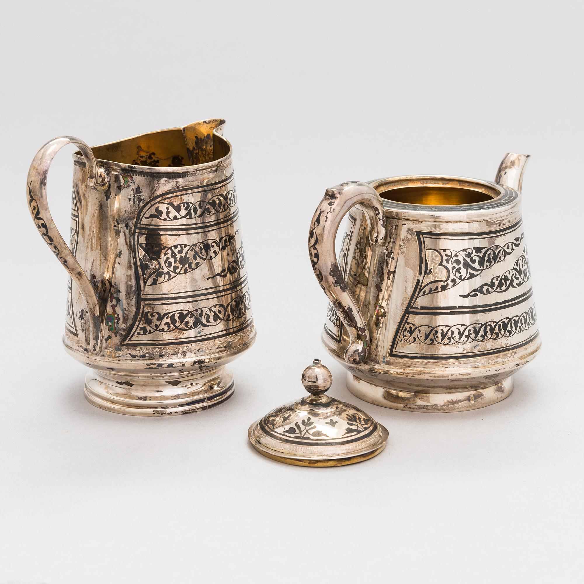 Servisdelar, 6 st, Kubachi, niello, silver, delvis förgyllt, Ryssland 1960-tal.