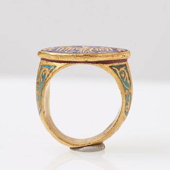 A modern Byzantine-style gold and enamel signet ring.