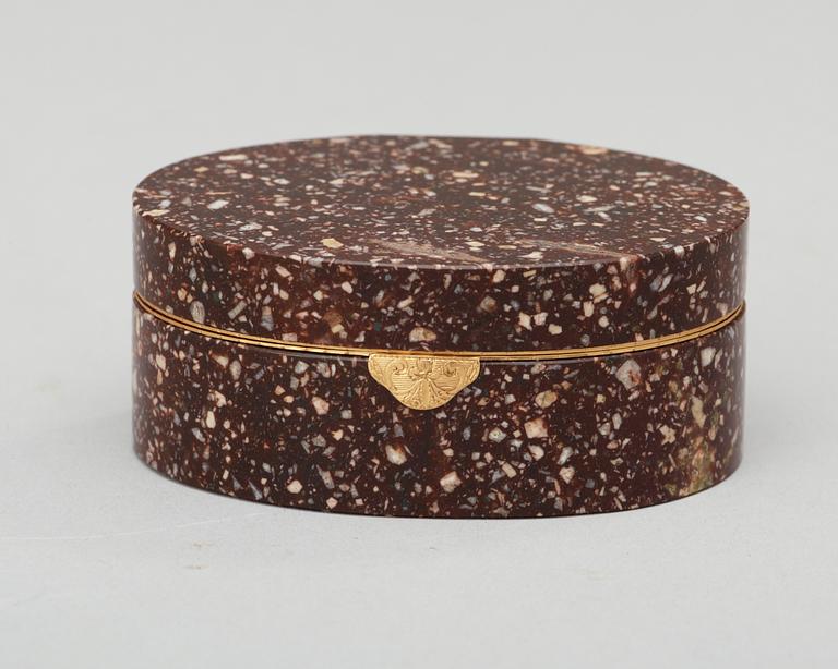 A porphyry and gold 18K snuff-box, makers mark of Johan Erik Sundström 1833 Stockholm.