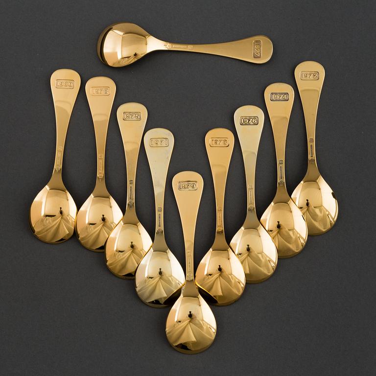 Ten guilded silver spoons, Georg Jensen, Denmark, 1971-1980.