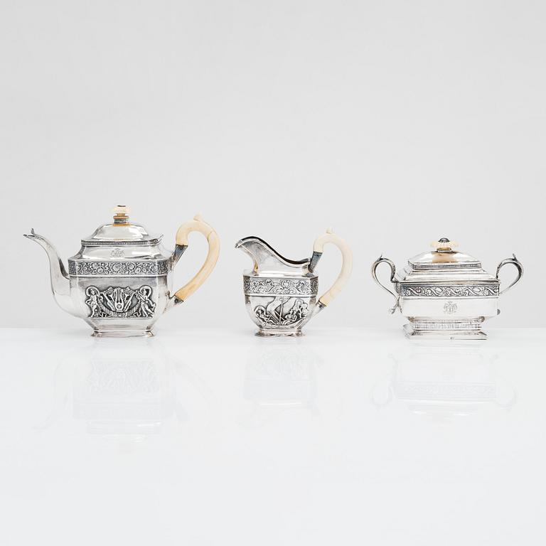 An 1830s three-piece silver tea set, Moscow, Russia.