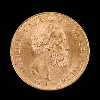 GULDMYNT, 10 kronor, Oscar II, 1894.  Vikt ca 5 gram.