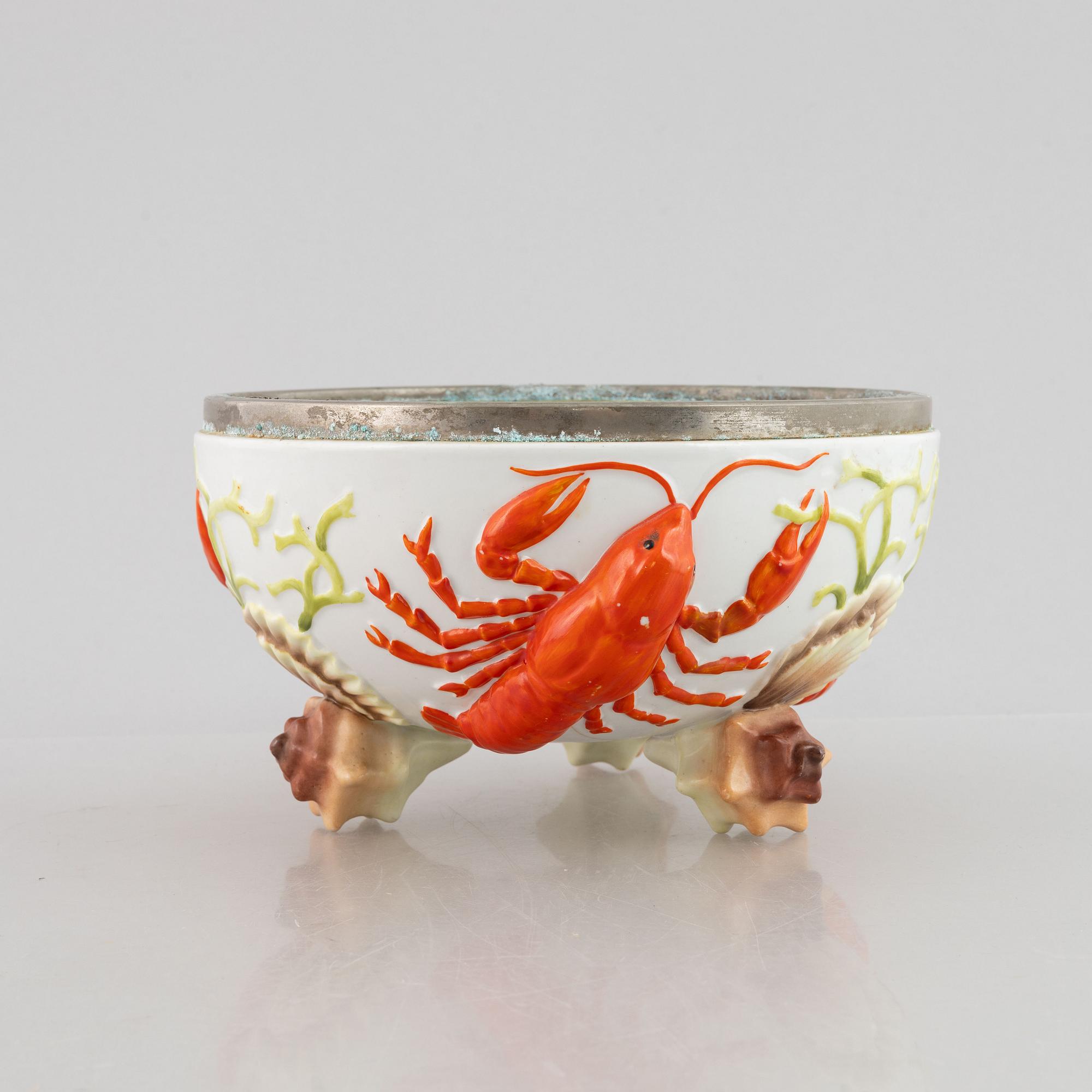 Two crayfish bowls, along with serving utensils and a carafe, late 19th to first half of the 20th Century.