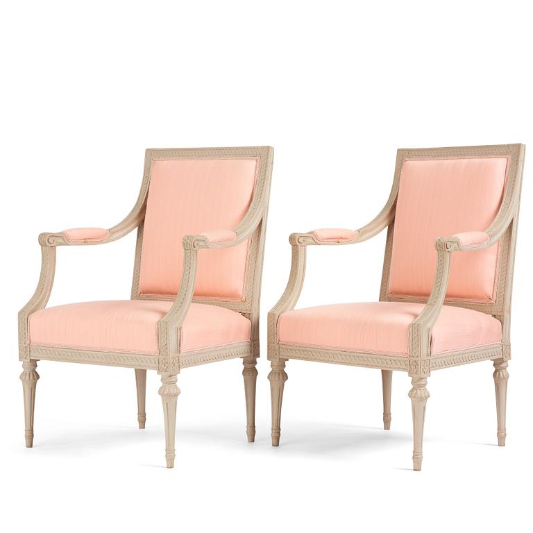 A pair of carved Gustavian armchairs, late 18th century,