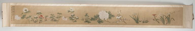 RULLMÅLNING, akvarell och tusch på silke. efter Wang Guxiang (1501-1568), troligen Qing dynastin (1644-1912).
