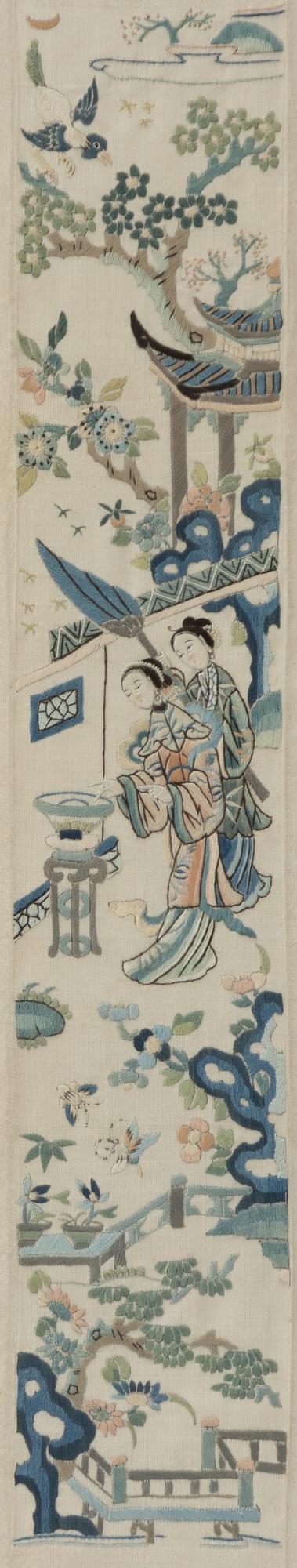 Two framed Chinese textile embroiderieds, late Qing dynasty, circa 1900.