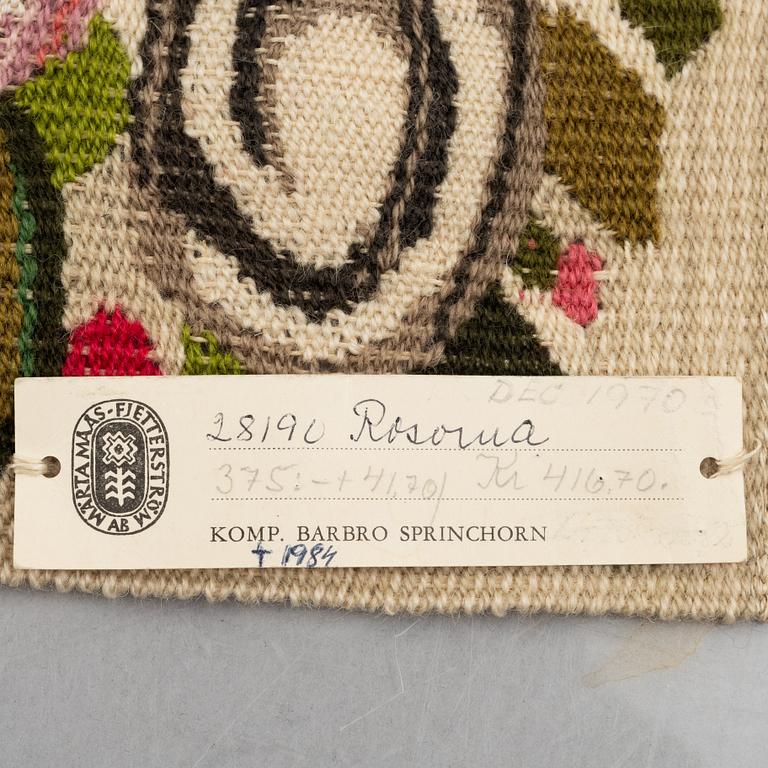 Barbro Sprinchorn, a textile, 'Rosorna (The Roses)', tapestry variant, signed S, c. 35 x 36 cm.