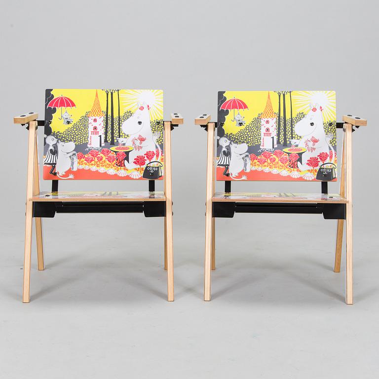 Yrjö Kukkapuro, Children's furniture, two 'Moomin S chairs'  and a table collaboration with Modeo and Moomin Characters.