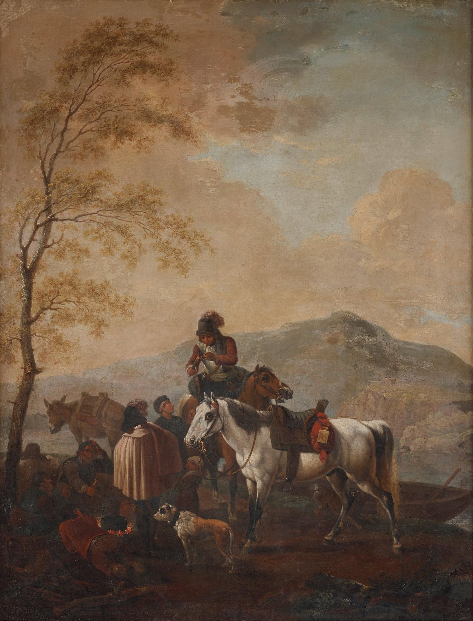 Philips Wouwerman Follower of, Landscape with figures and horse men, a pair.