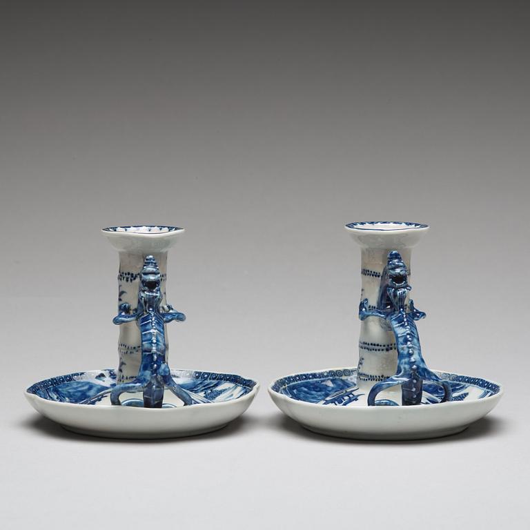 A pair of blue and white candle sticks, Qing dynasty, Qianlong (1736-95).