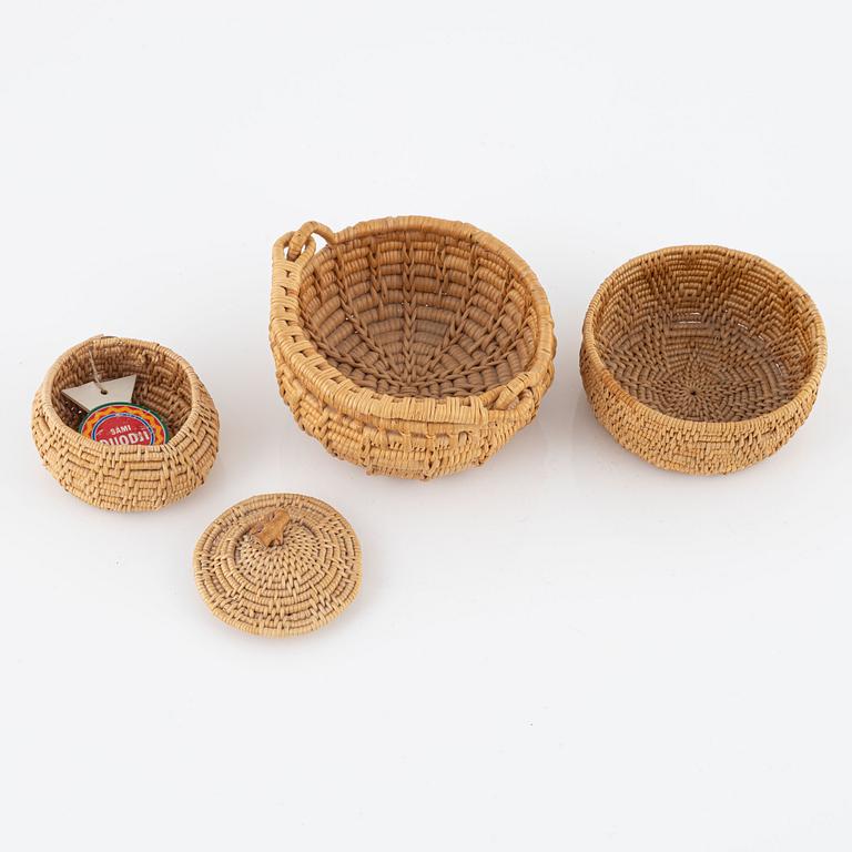 Three small root baskets, two signed.
