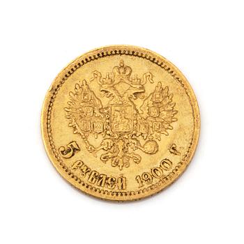 A RUSSIAN 5 RUBEL GOLD COIN, Nikolai II, 1900. Ca 3 grams.